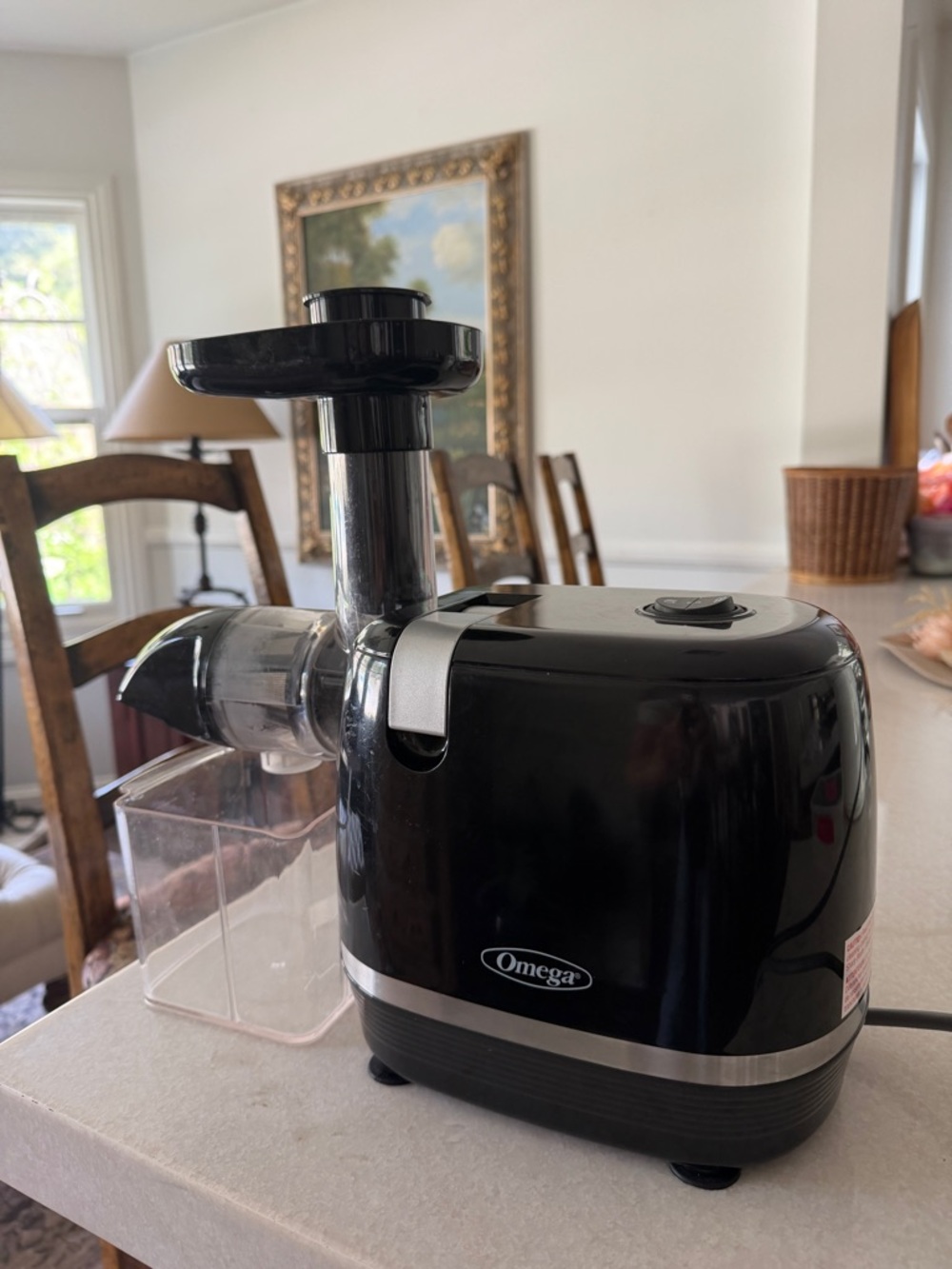 Omega Black Slow Juicer with Silver Label Accent
